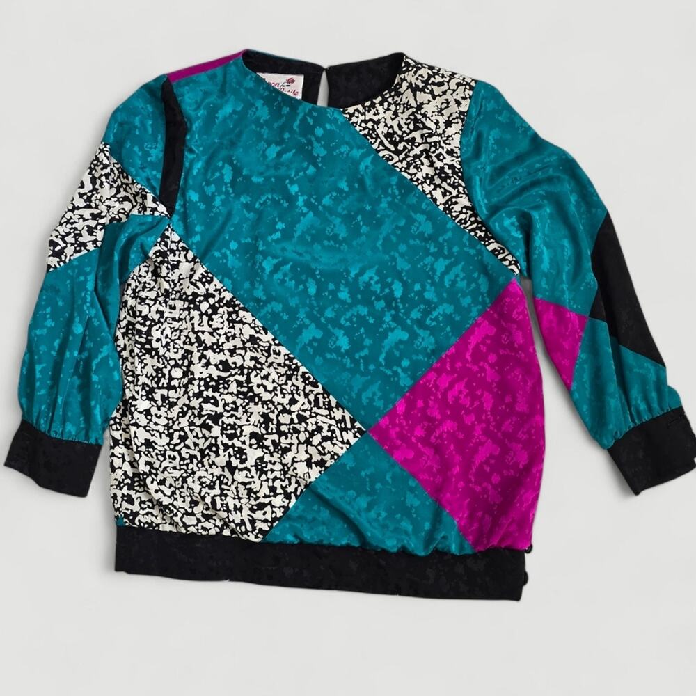 Vintage 90s Chicago Caron Petite Patchwork Colorblock Blouse 12